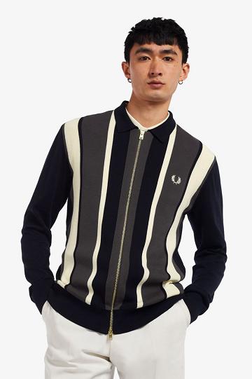 Dzianina Fred Perry W Paski Zip-Through Cardigan Męskie Granatowe | PL 1323LISH